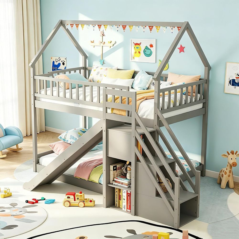 Bunk Bed With Stairs And Slide - Beliche Duplo com Escorregador e Escadas,