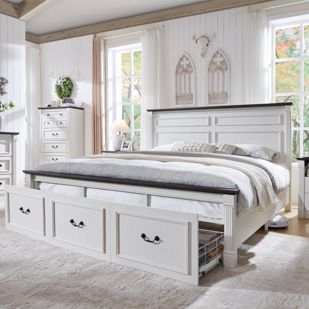 King Size Bed Frame With Storage Drawers - Cama King Size Estilo Fazenda com