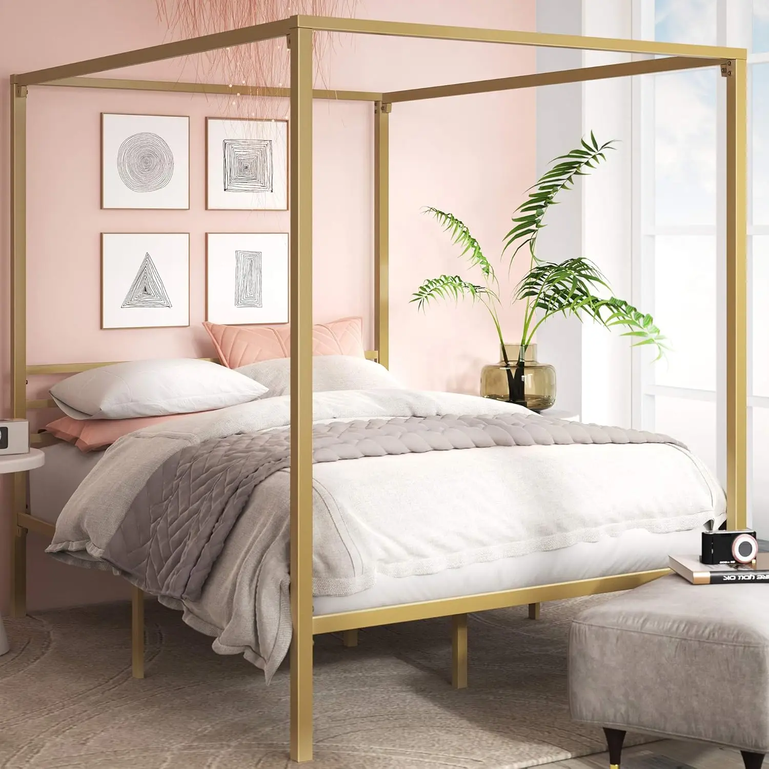 Canopy Bed Frame Metal Queen - Estrutura de Cama Plataforma com Dossel