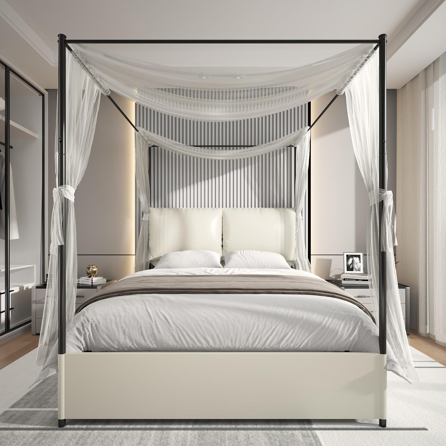 Canopy Bed Frame Metal Queen - Cama Queen Size com Dossel, Cabeceira