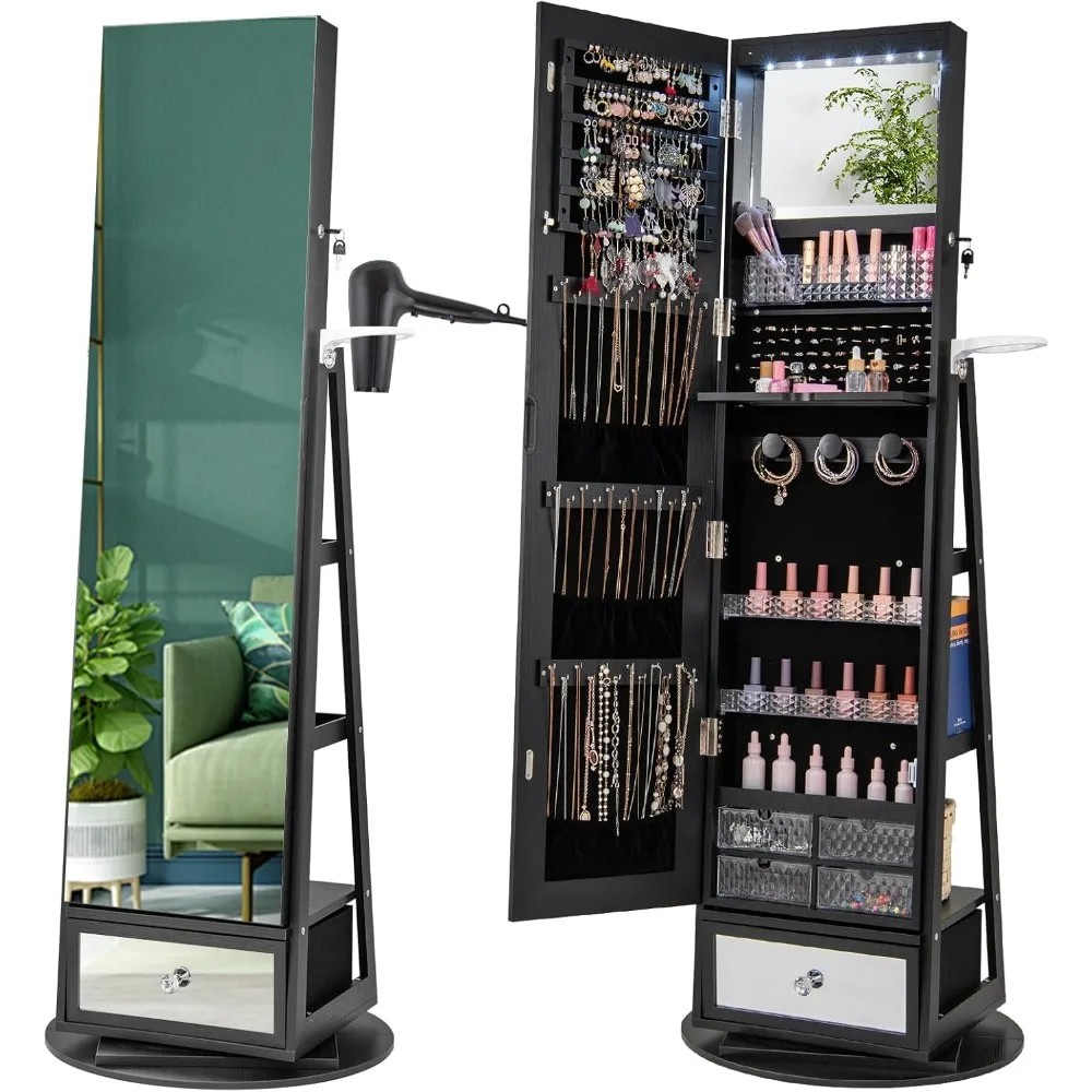 Full Length Mirror Jewelry Armoire - 360 ° Armário giratório para joias
