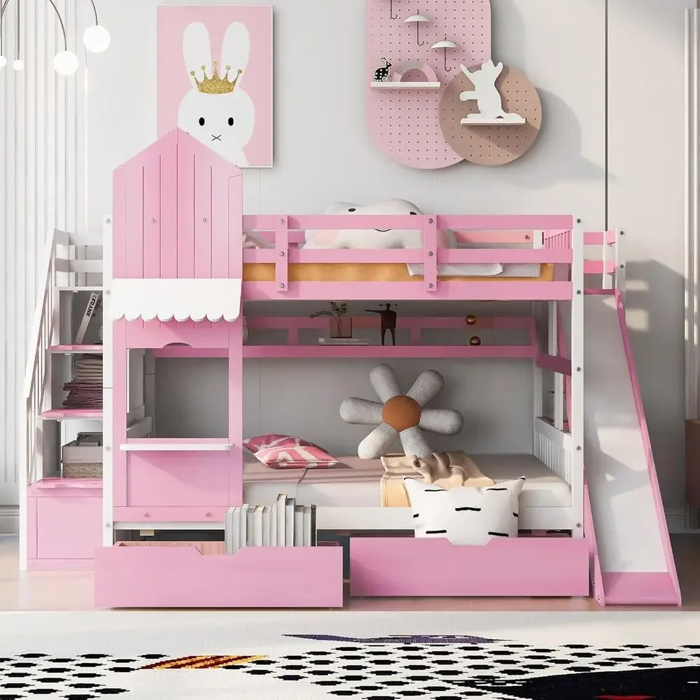 Bunk Bed With Stairs And Slide - Cama Beliche Infantil com Escadas, Escorregador