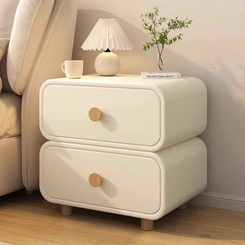 Solid Wood Nightstand 2 Drawers - Mesa de Cabeceira Minimalista Creme com