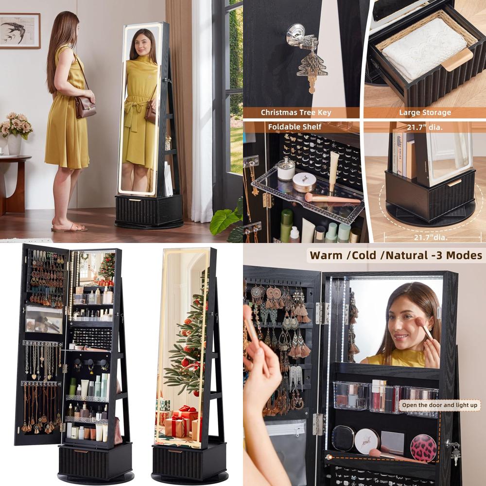 Full Length Mirror Jewelry Armoire - 360 ° Armário de Joias Giratório