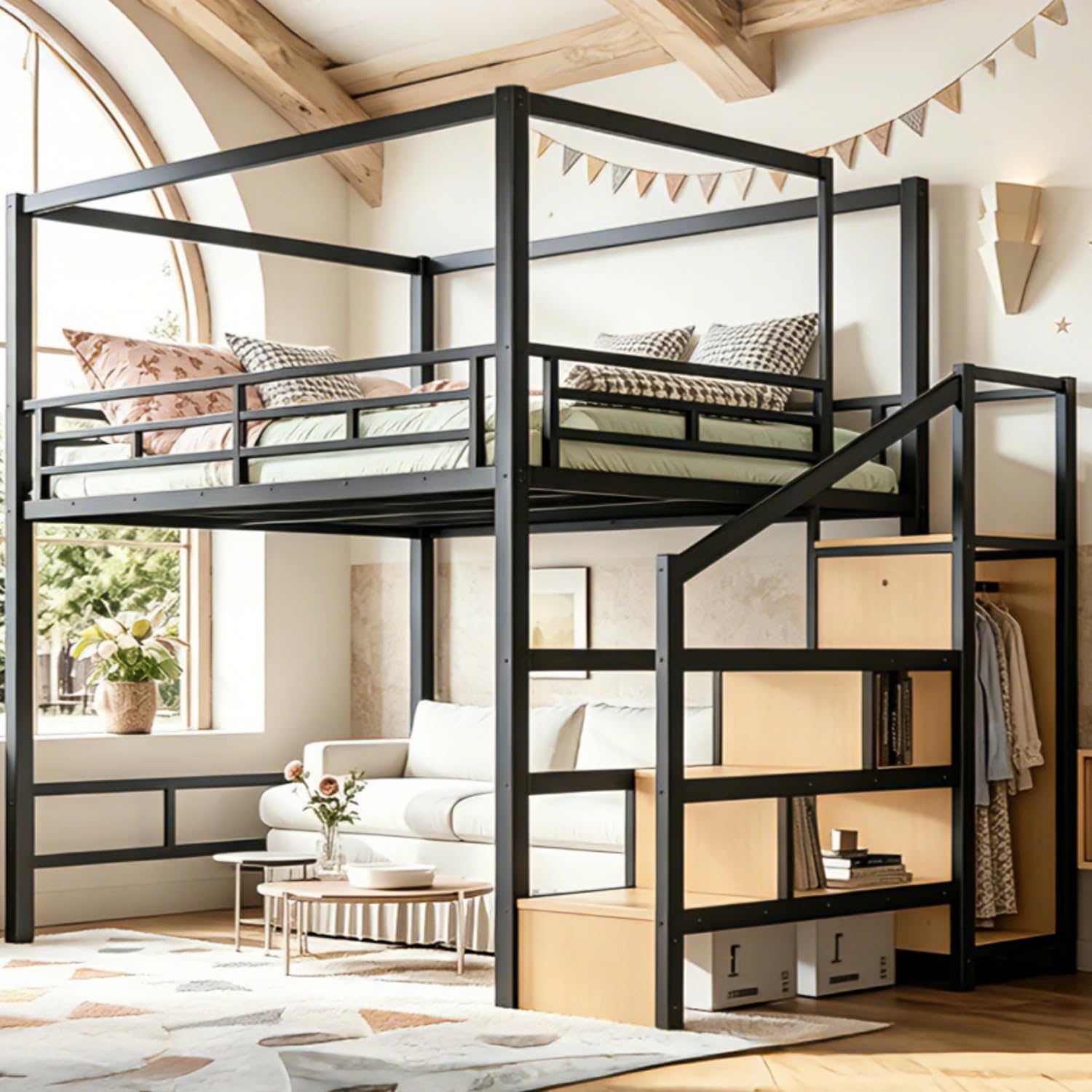 Canopy Bed Frame Metal Queen - Cama alta Queen com escadas de