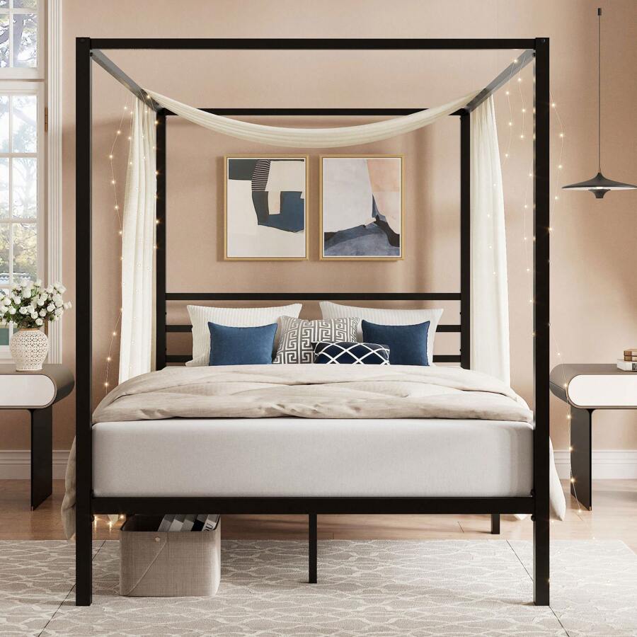Canopy Bed Frame Metal Queen - Estrutura de Cama com Dossel Preta,