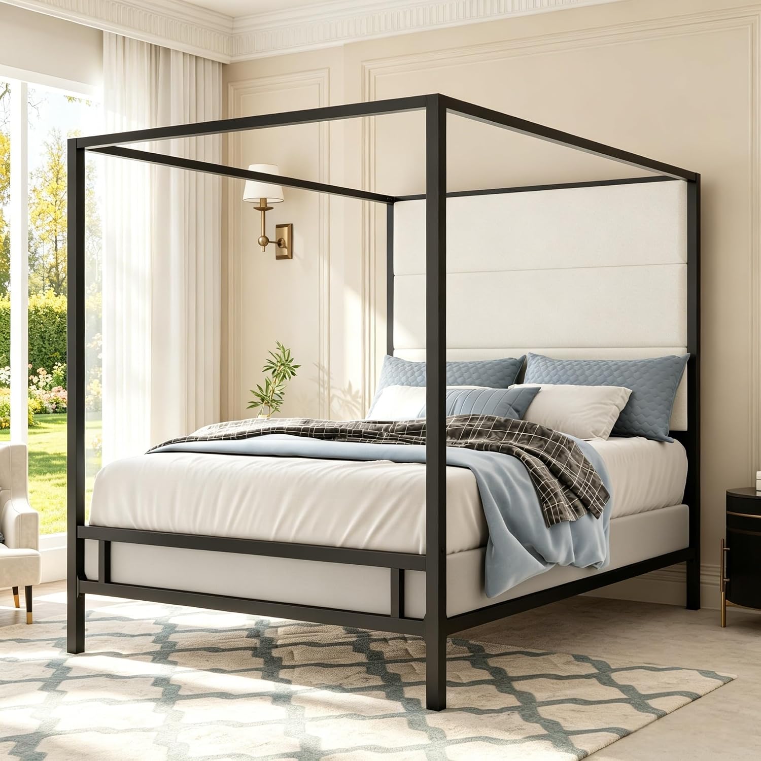 Canopy Bed Frame Metal Queen - Cama Queen com Dossel, Estofada em