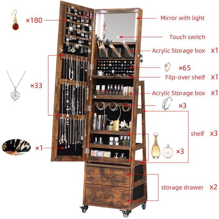Armário de Joias Giratório com - Full Length Mirror Jewelry Armoire avaliação e preço
