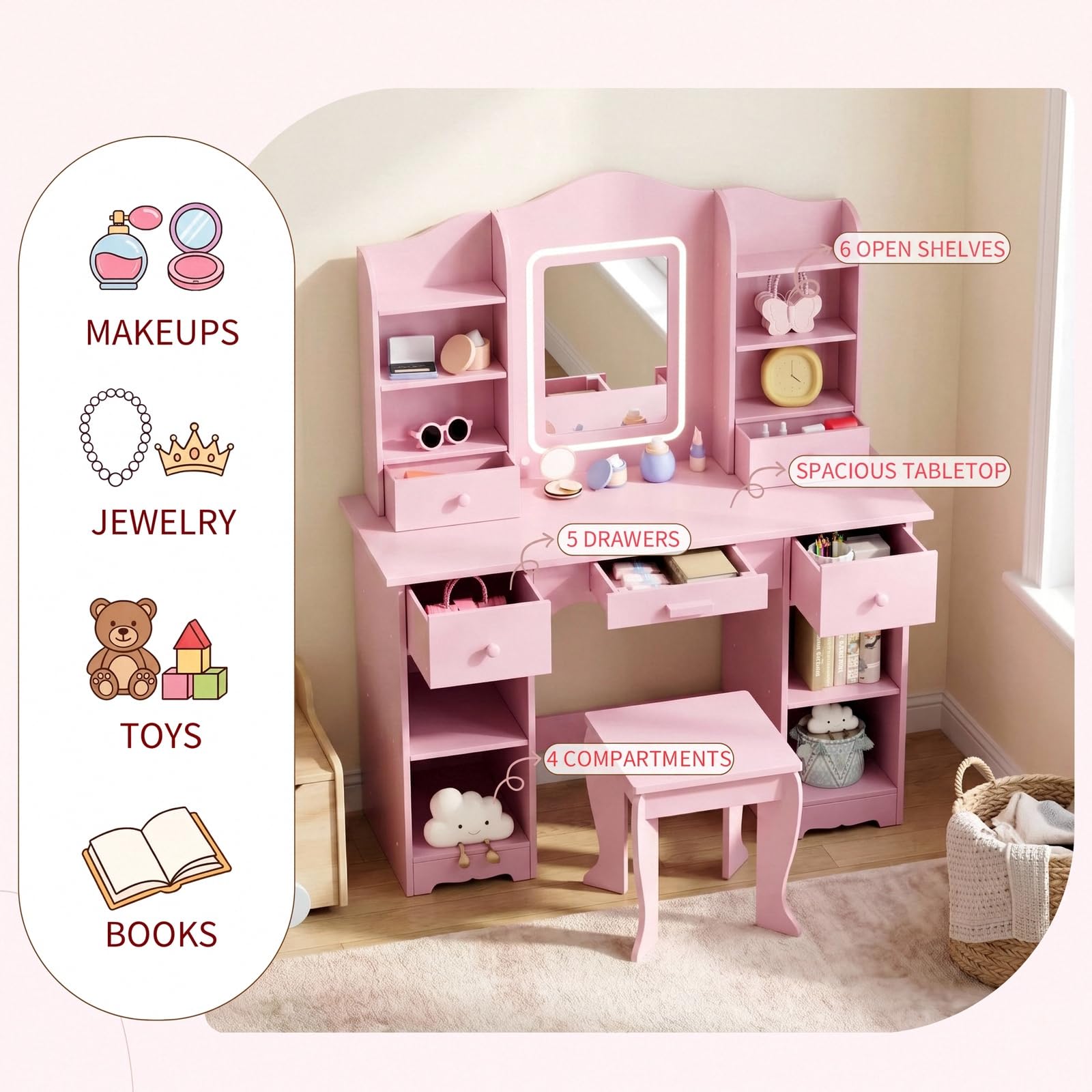 Penteadeira Infantil com Luzes - Dressing Table Vanity With Lighted Mirror avaliação e preço