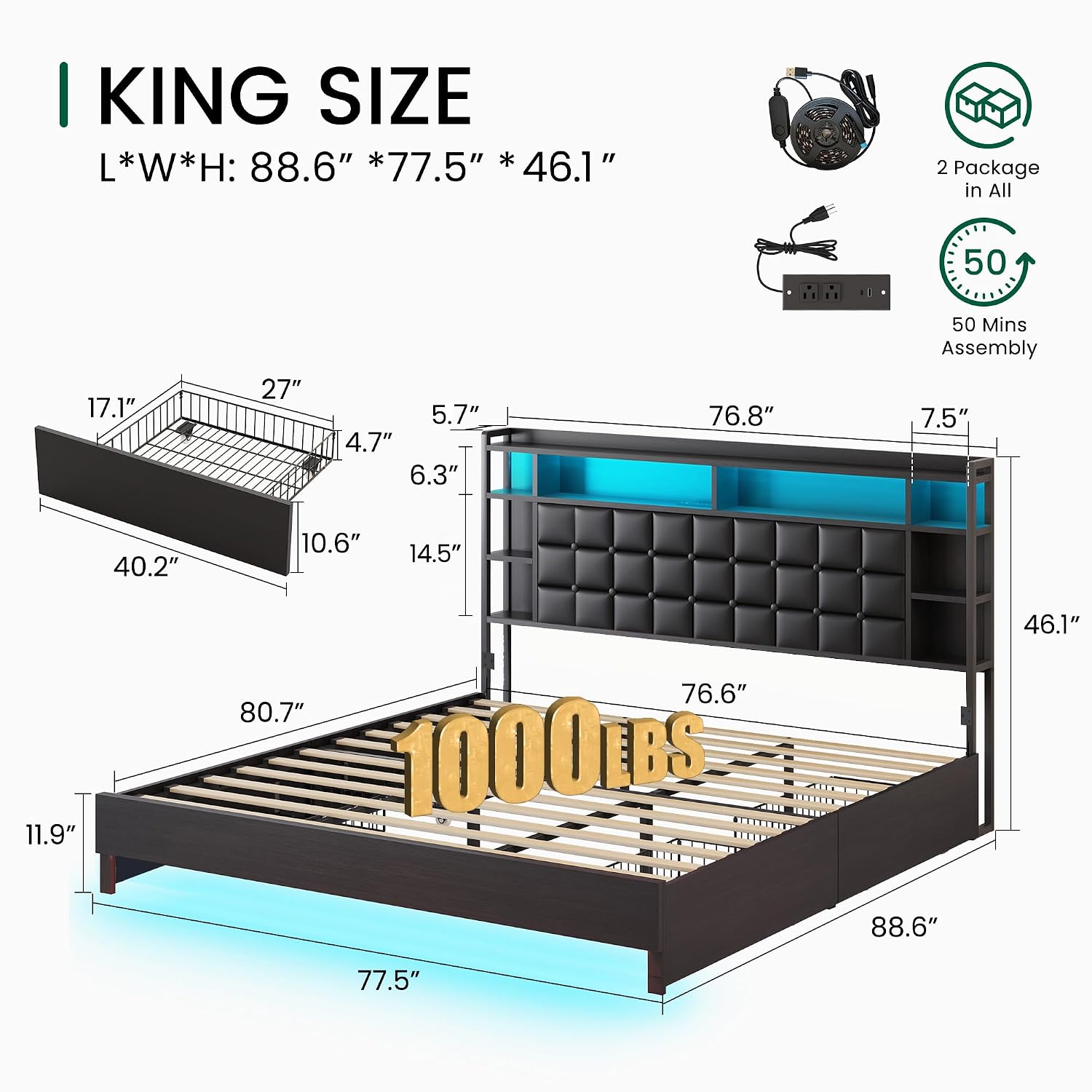 Cama King Size de Madeira com  - King Size Bed Frame With Storage Drawers avaliação e preço