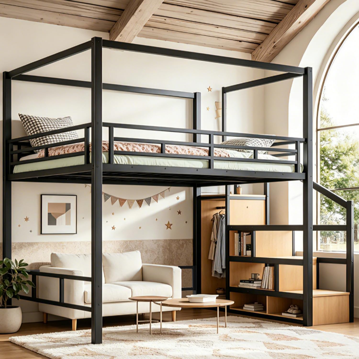 Cama alta Queen com escadas de - Canopy Bed Frame Metal Queen avaliação e preço
