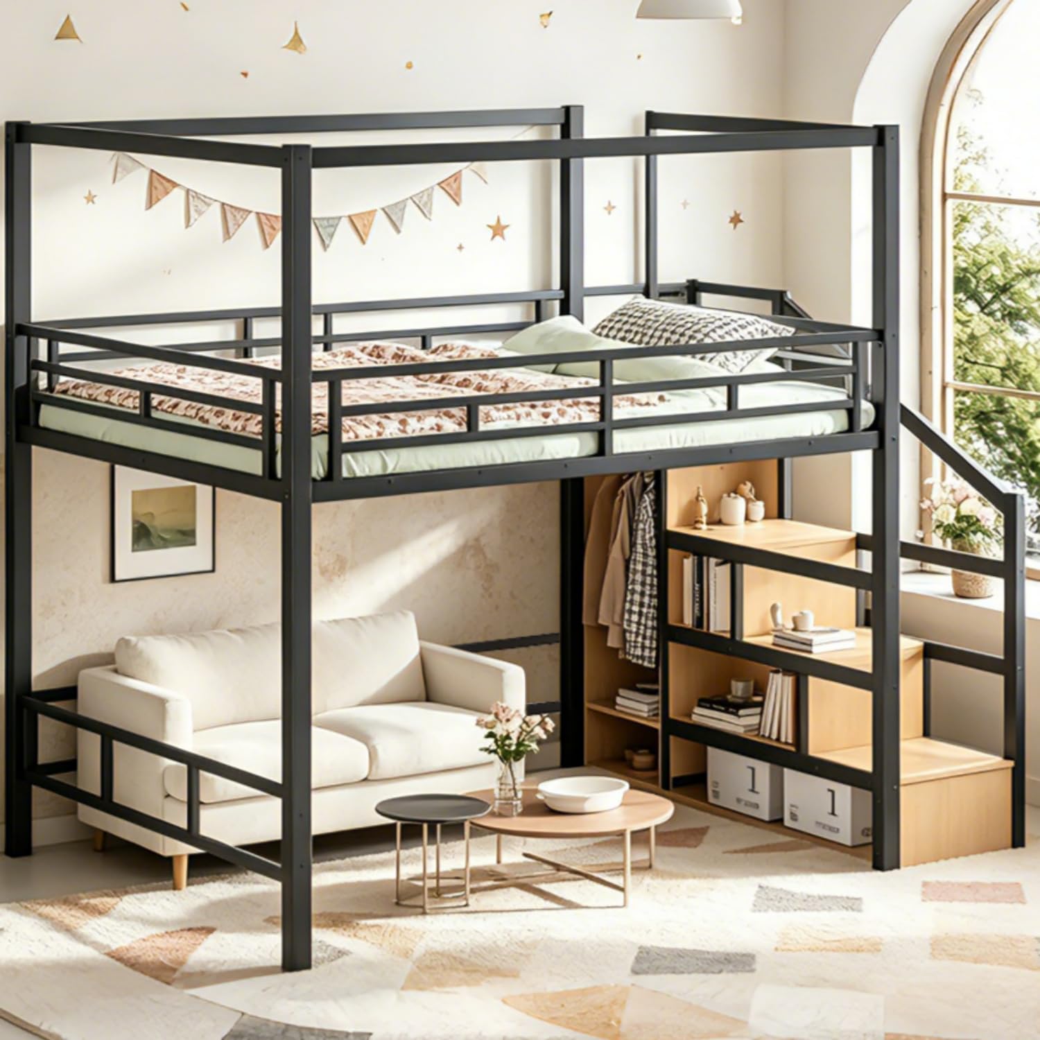 Cama alta Queen com escadas de - Canopy Bed Frame Metal Queen avaliação e preço