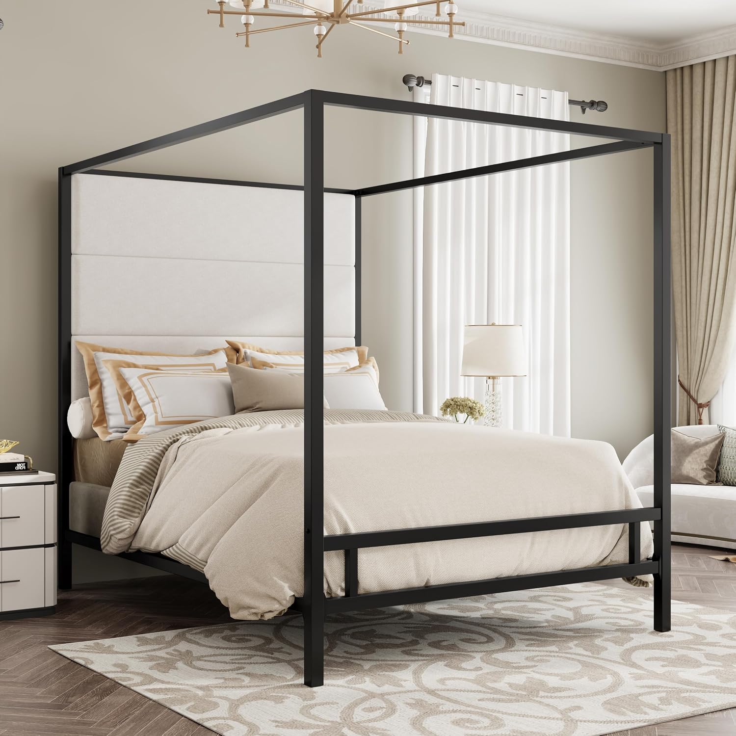 Cama Queen com Dossel, Estofad - Canopy Bed Frame Metal Queen avaliação e preço