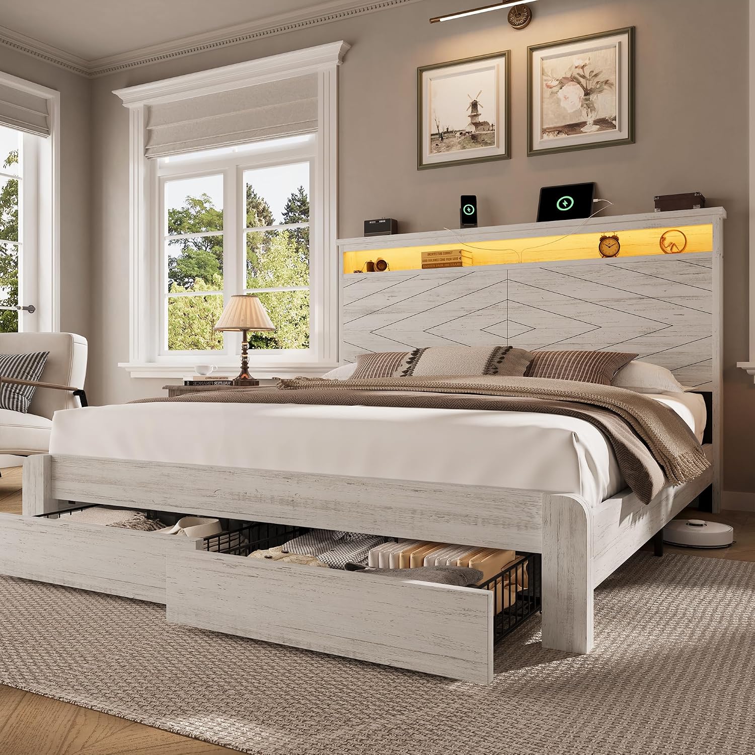 Cama de Plataforma de Madeira  - King Size Bed Frame With Storage Drawers avaliação e preço